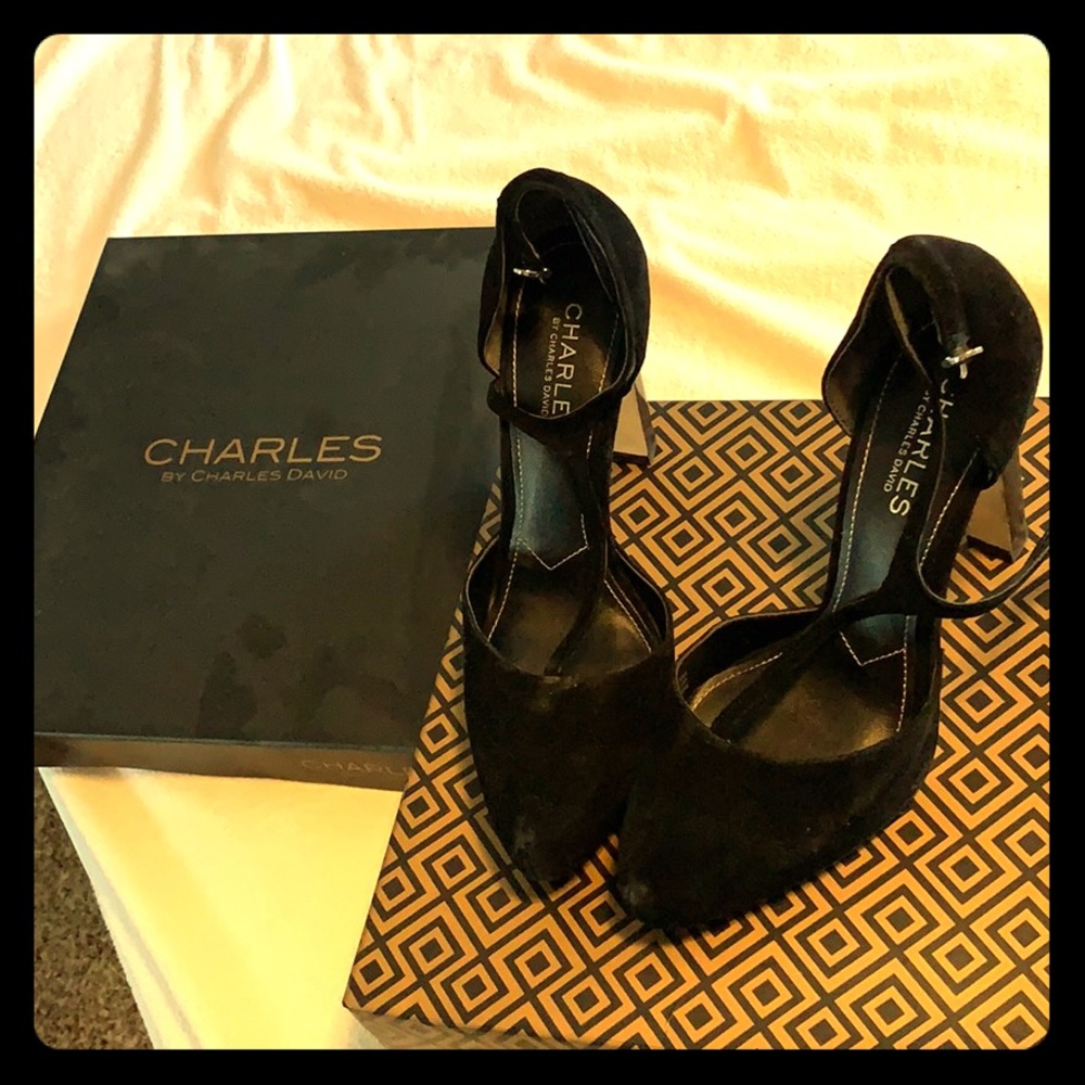 Black suede t-strap heels